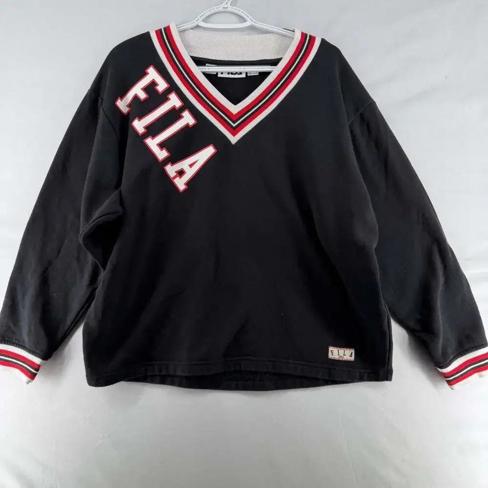 1413 Fila V-Neck Sweatshirt with Spellout Logo, Black, Size XL